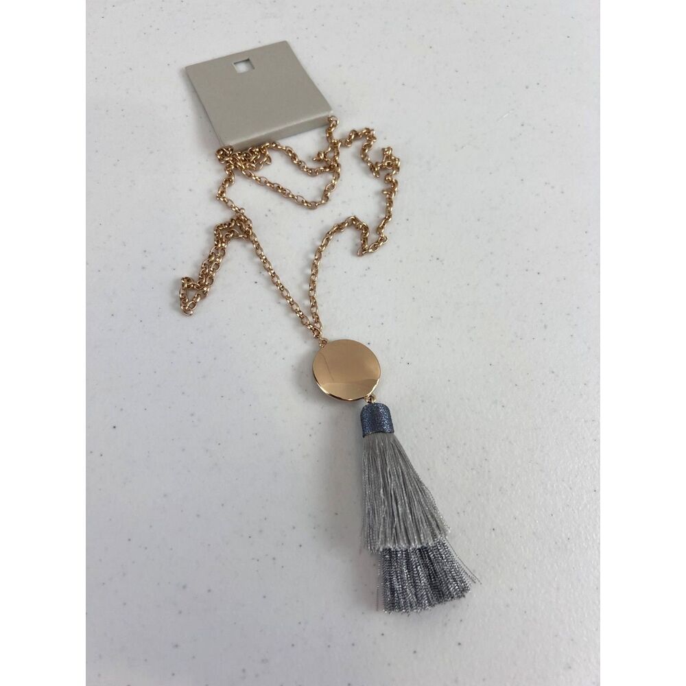 Old Navy Gray Tassel Pendant Necklace Gold Chain Gray